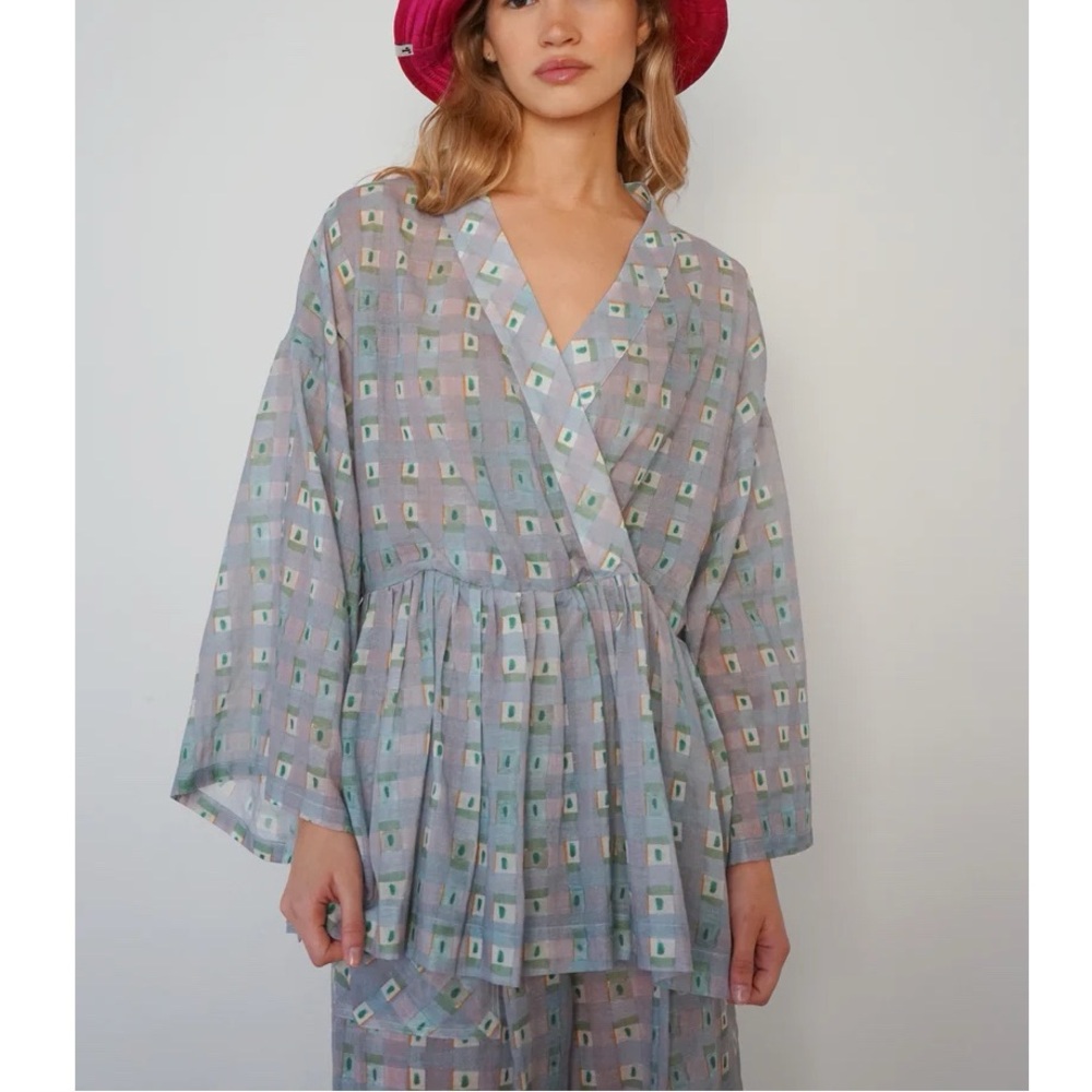 Romualda Top Oaju Rito Blue Linen Blend Lagenlook Sz S